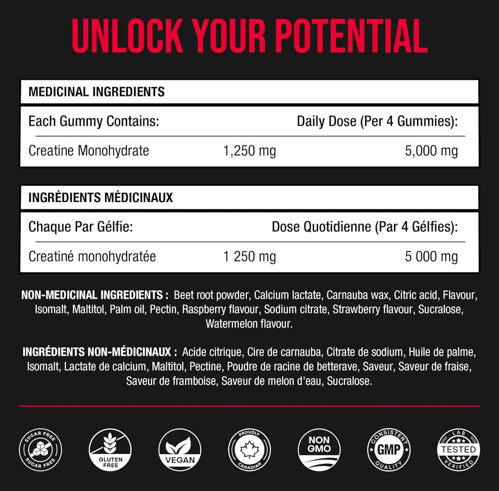 Creatine Gummies – Creatine Monohydrate – 120 Gummies (1250 mg Each) – Ships Free Within Canada on Orders Above CAD $199