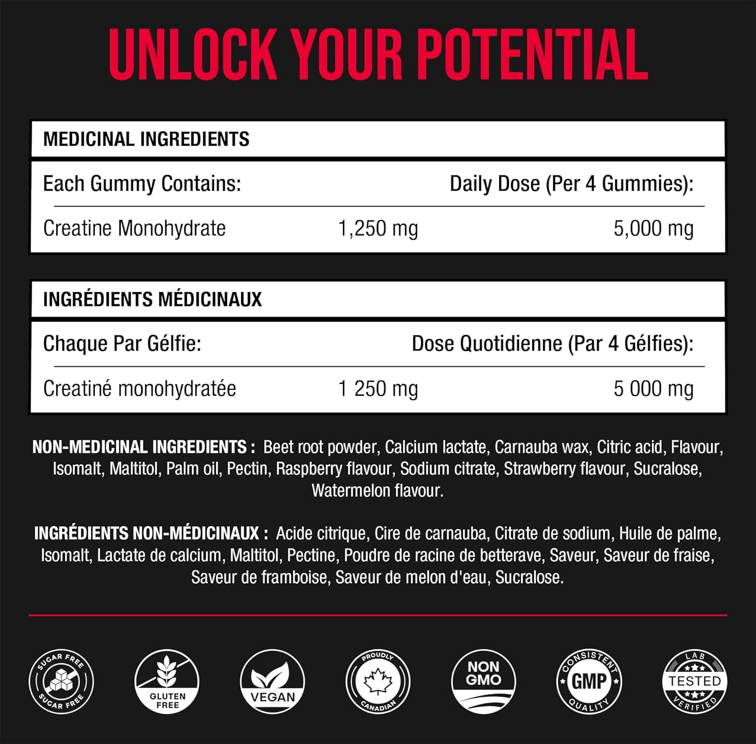 Creatine Gummies – Creatine Monohydrate – 120 Gummies (1250 mg Each) – Ships Free Within Canada on Orders Above CAD $199